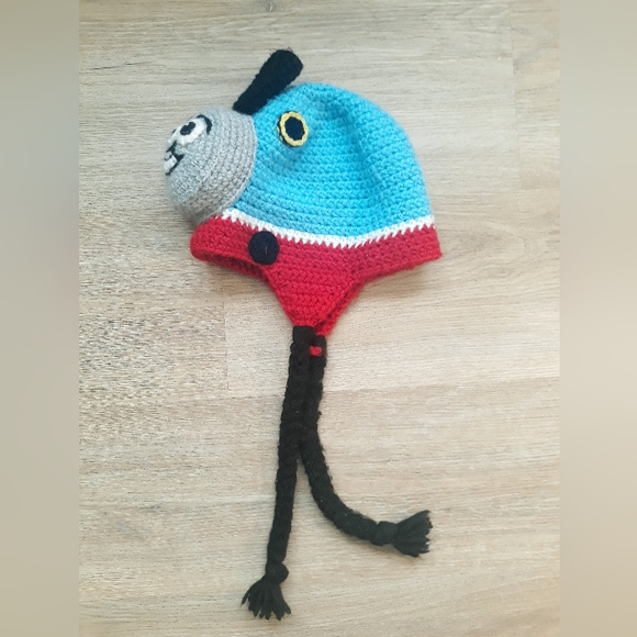 Handmade Thomas the Tank Engine Crochet Knit Ear Flap Hat - 20" Circumference - Picture 6 of 10
